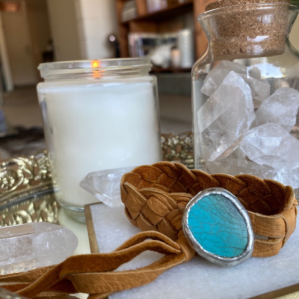 Braided Leather Bracelet Sterling Silver and Turquoise